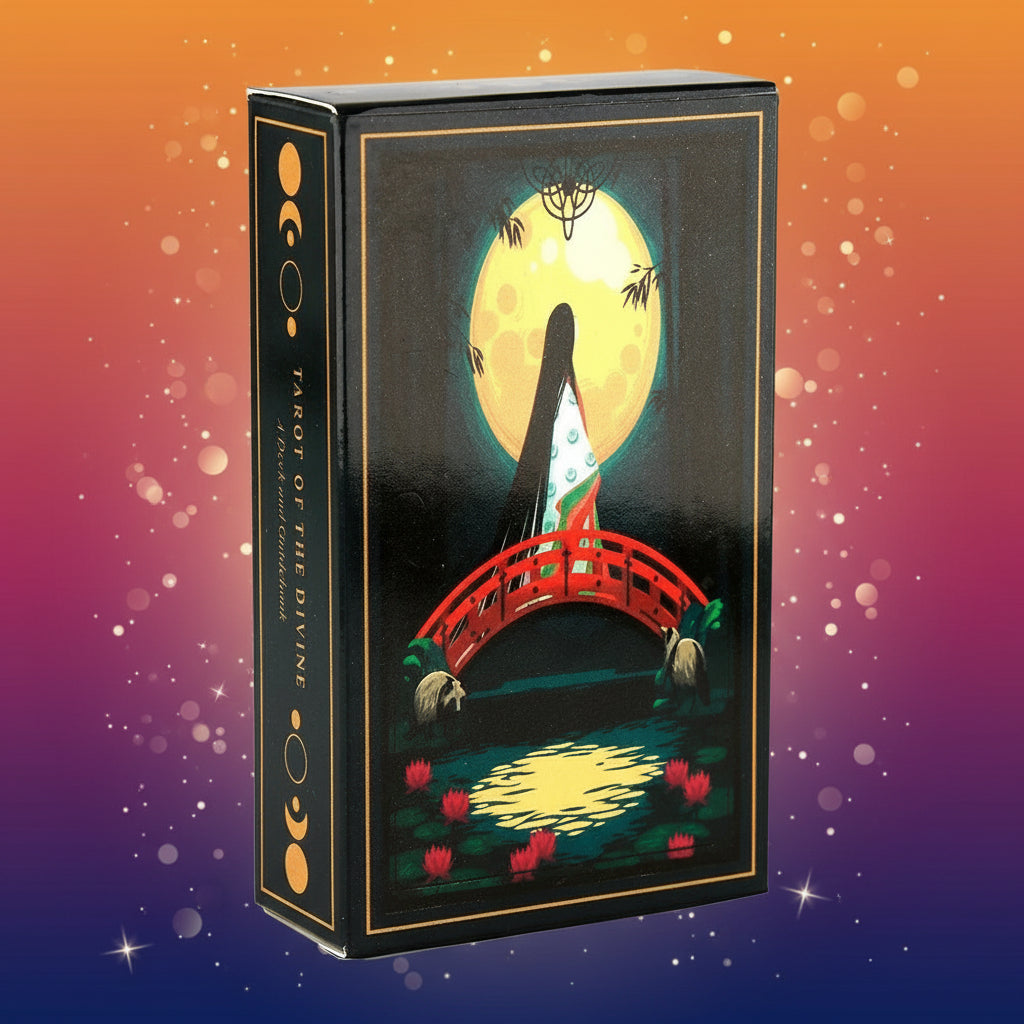 Card game box with a colorful illustration of a bridge over water under a moonlit sky.