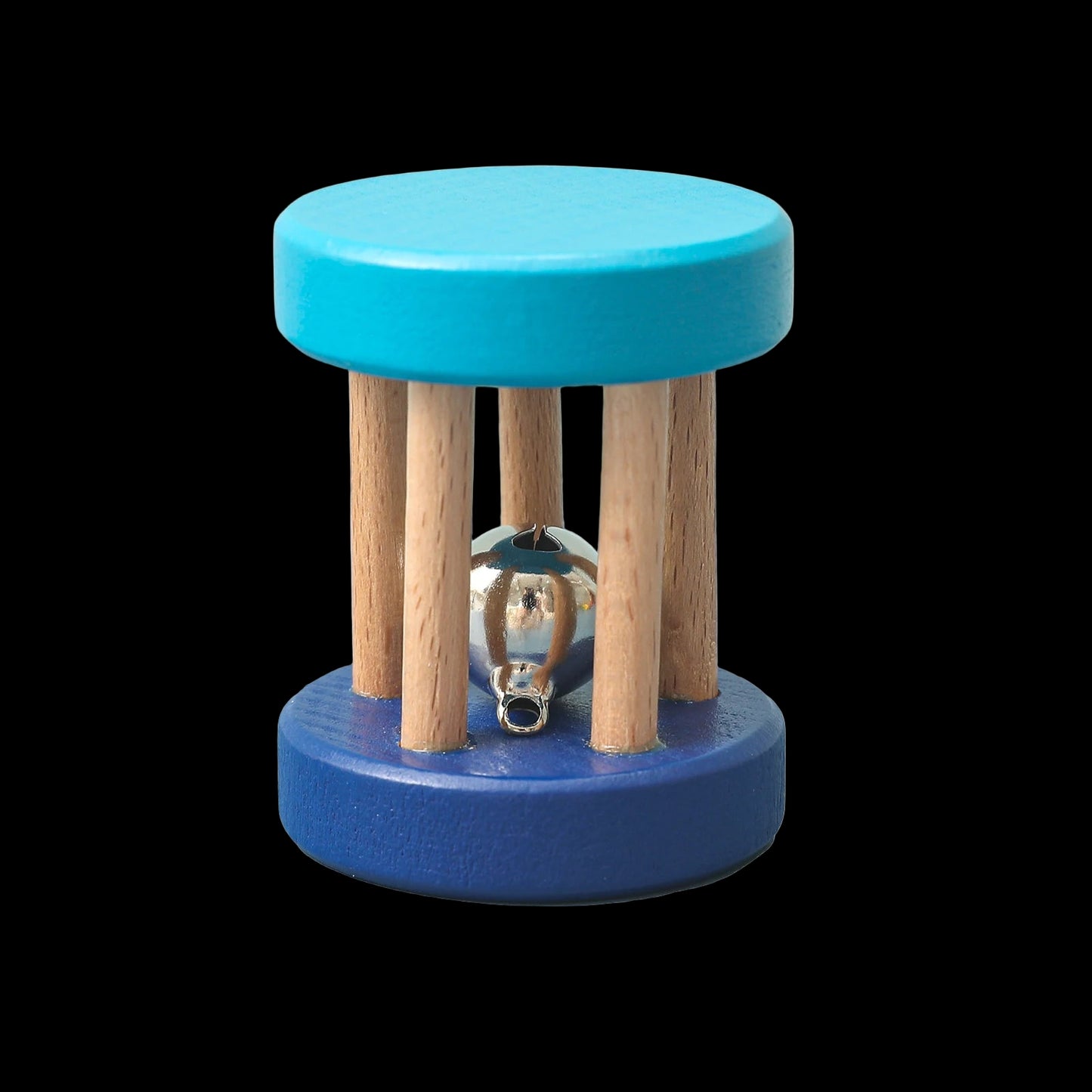 Blue and wooden pet toy on a white background