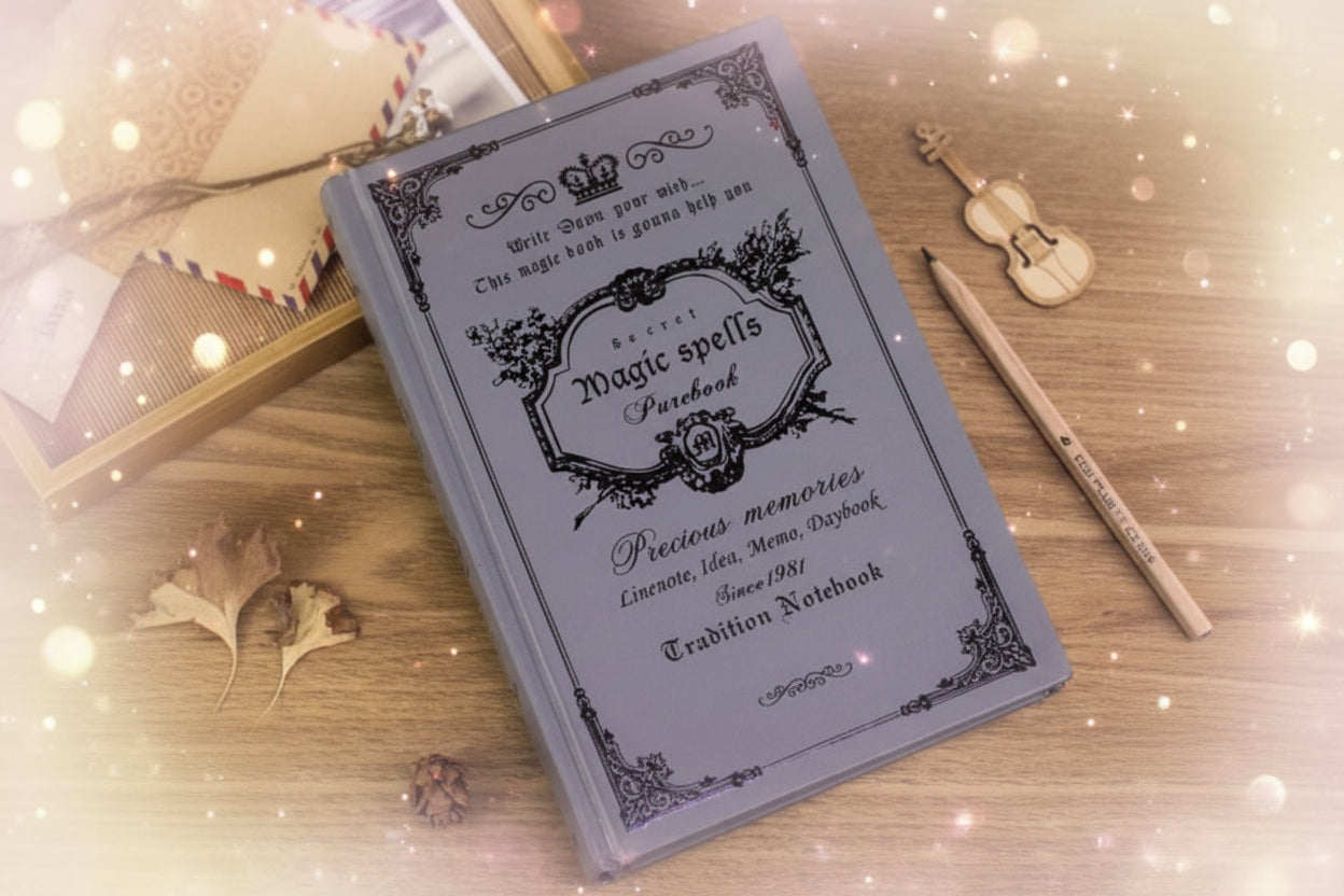 Decorative notebook with vintage design on a wooden surface