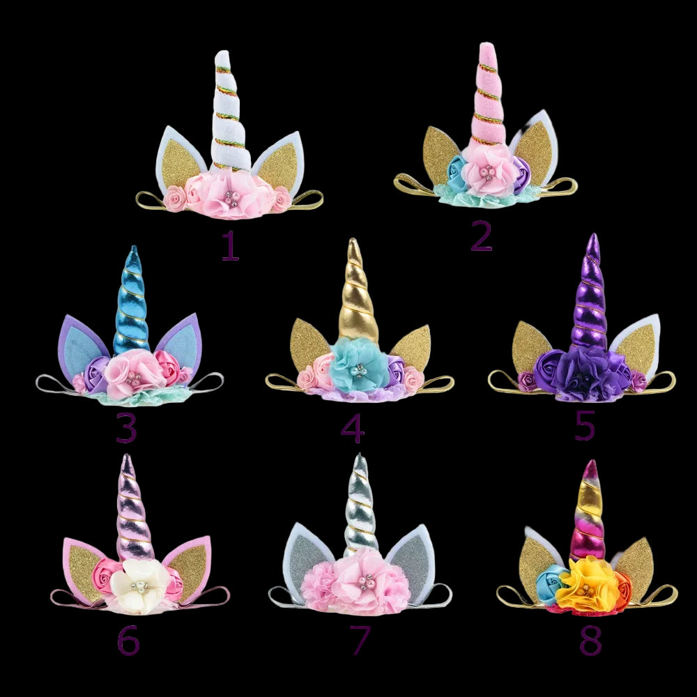 Set of eight colorful unicorn headbands with floral decorations on a white background.