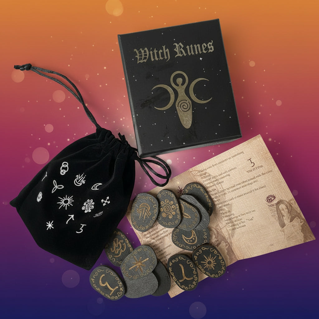 Witch Runes set with black drawstring bag, book, and rune stones on a light gray background
