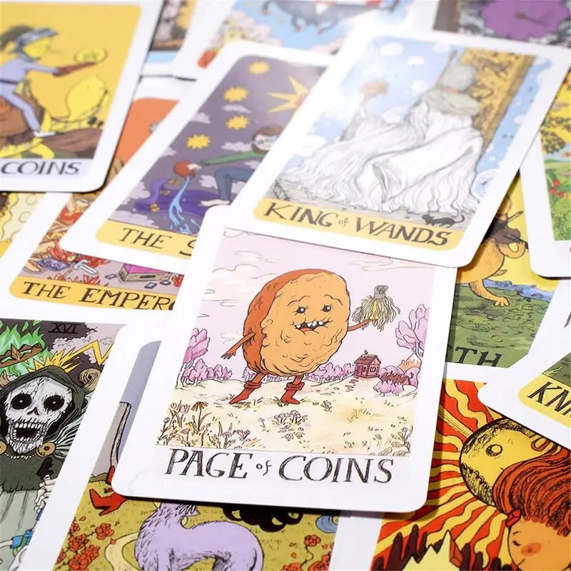 Collection of tarot cards with colorful illustrations and text
