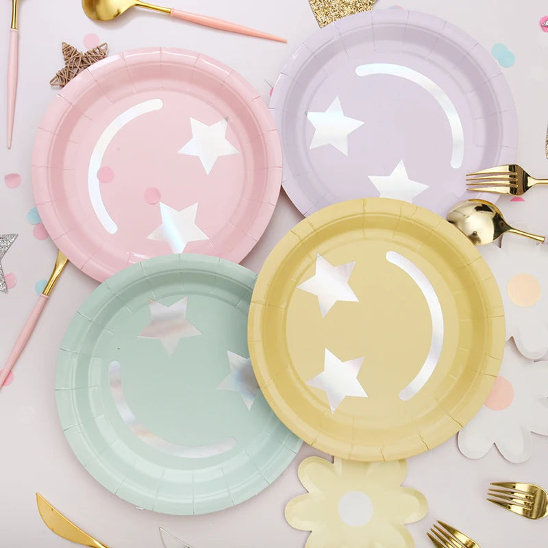 8 pcs Color Star Smiling 9 inch Plates Birthday Party Decorations Tableware Set