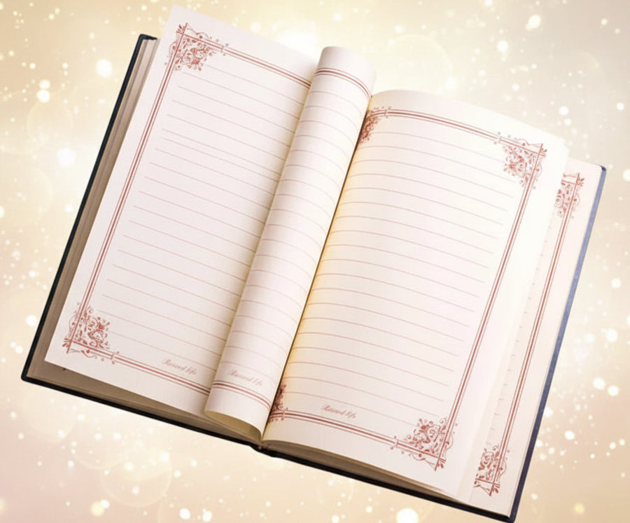 Open notebook with decorative red margins on a wooden surface, featuring National Geographic branding.