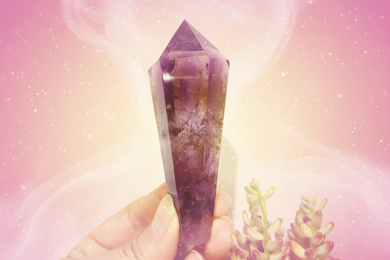 Amethyst crystal held by a hand with a white background