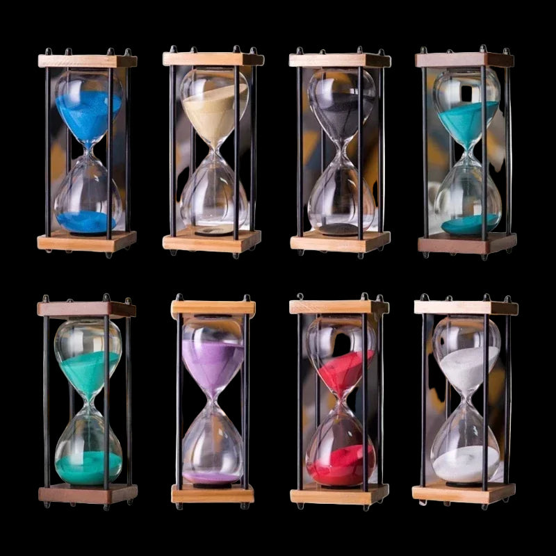 Set of eight colorful sand timers on a white background