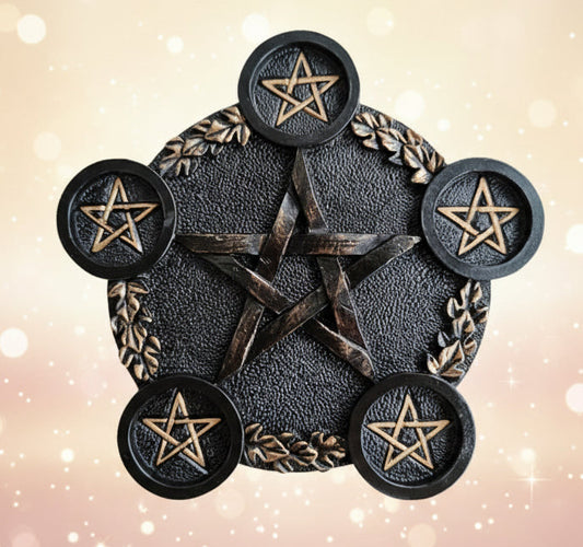 Decorative item with pentagram designs on a textured surface