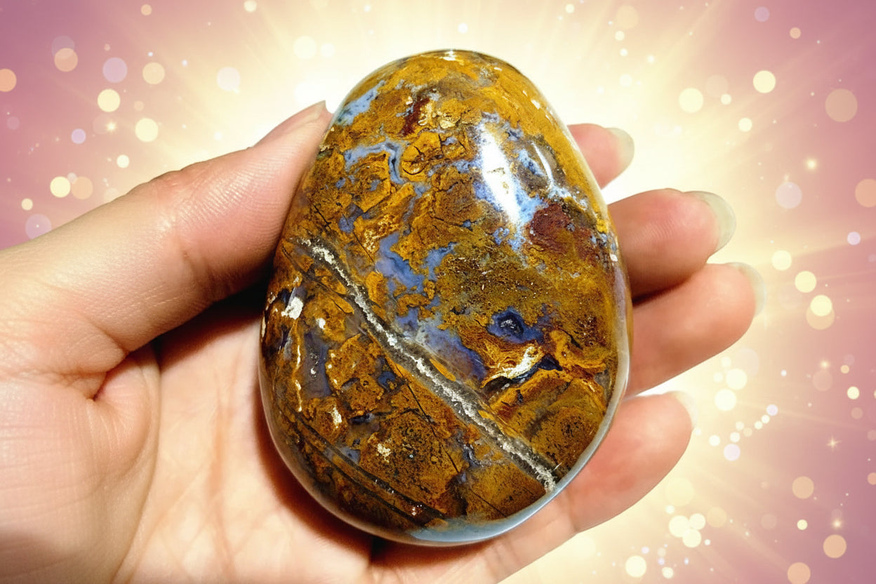 Hand holding a polished yellow and brown stone with visible patterns