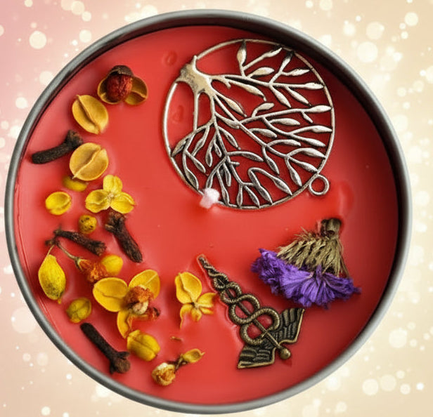 Red incense container with floral elements and 'mu shu wu' branding on a light background.