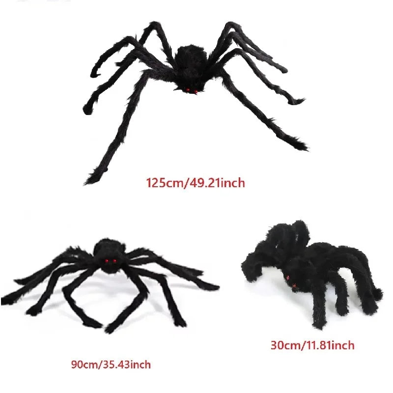 Three black spiders of different sizes with measurements on a white background