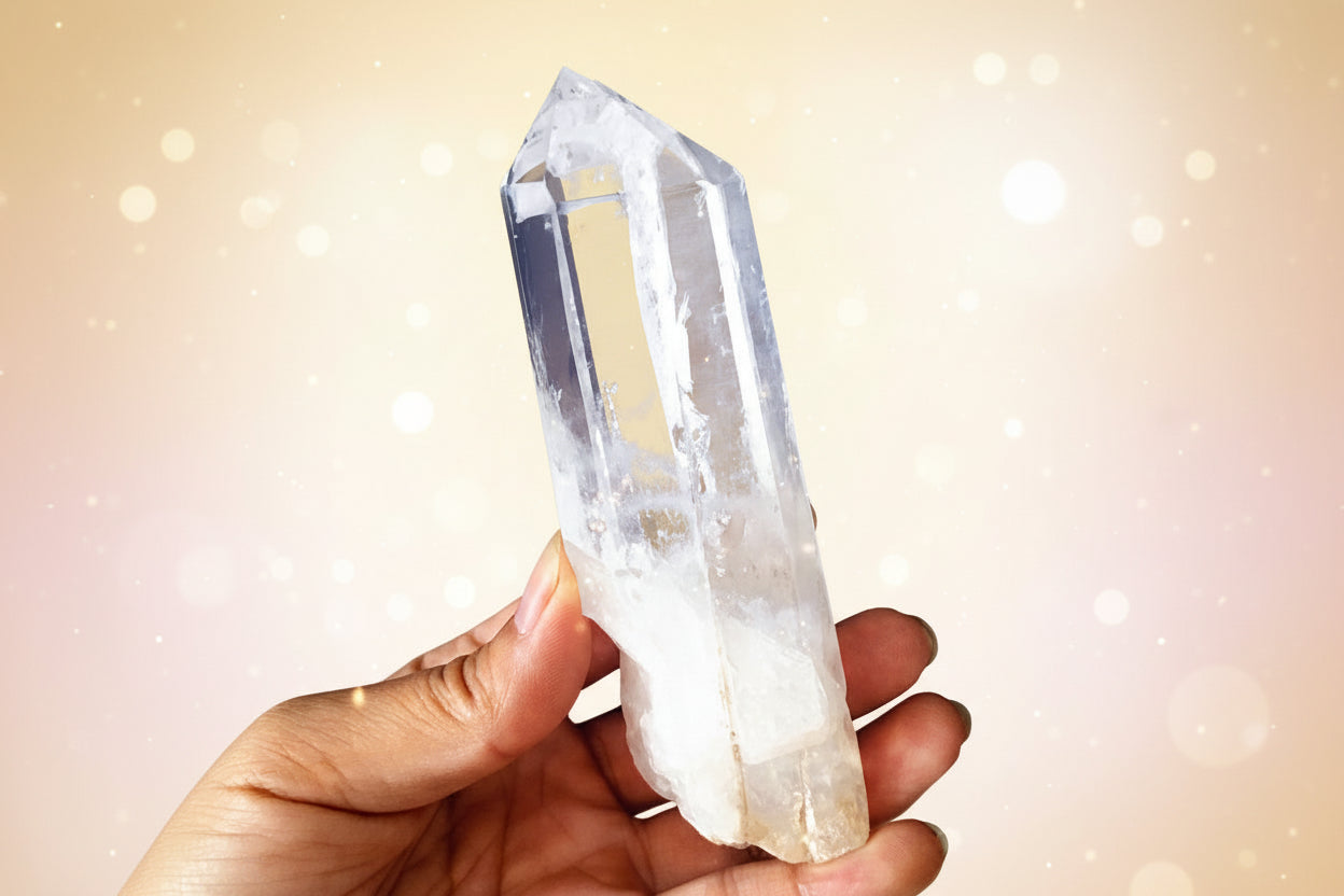 Clear crystal held in a hand with a dark background