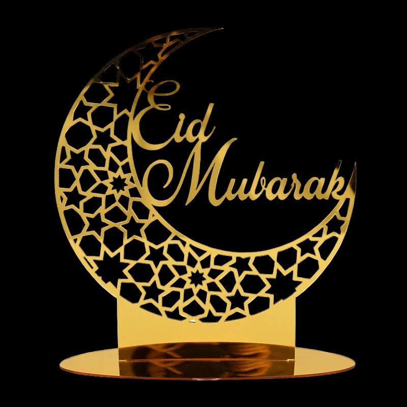 Decorative metal sign with 'Eid Mubarak' on a crescent moon design, featuring measurements.