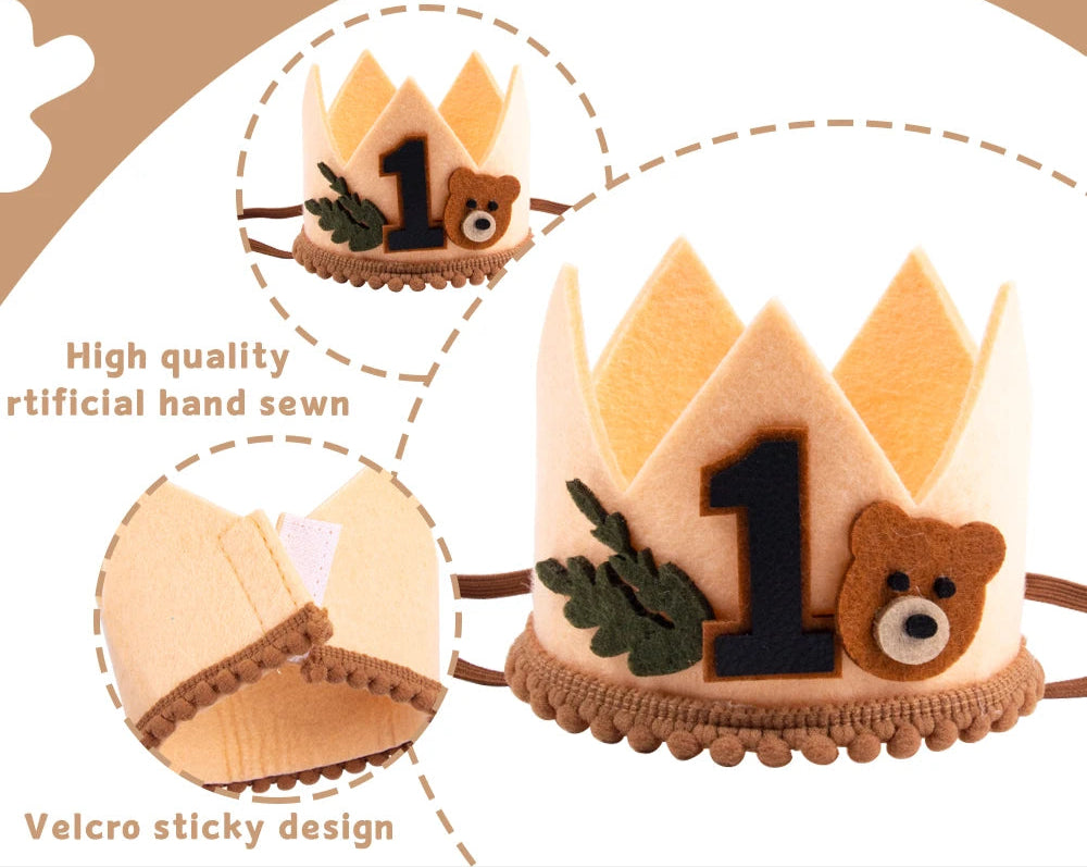 Children's birthday crown with number '1', bear design, and Velcro sticky design on a beige background.