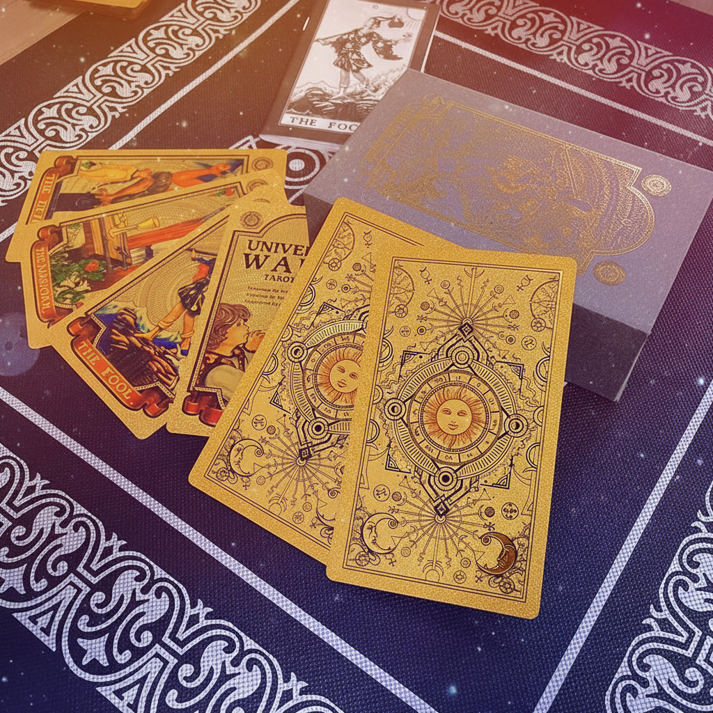 Tarot cards on a decorative tablecloth with tarot card box.