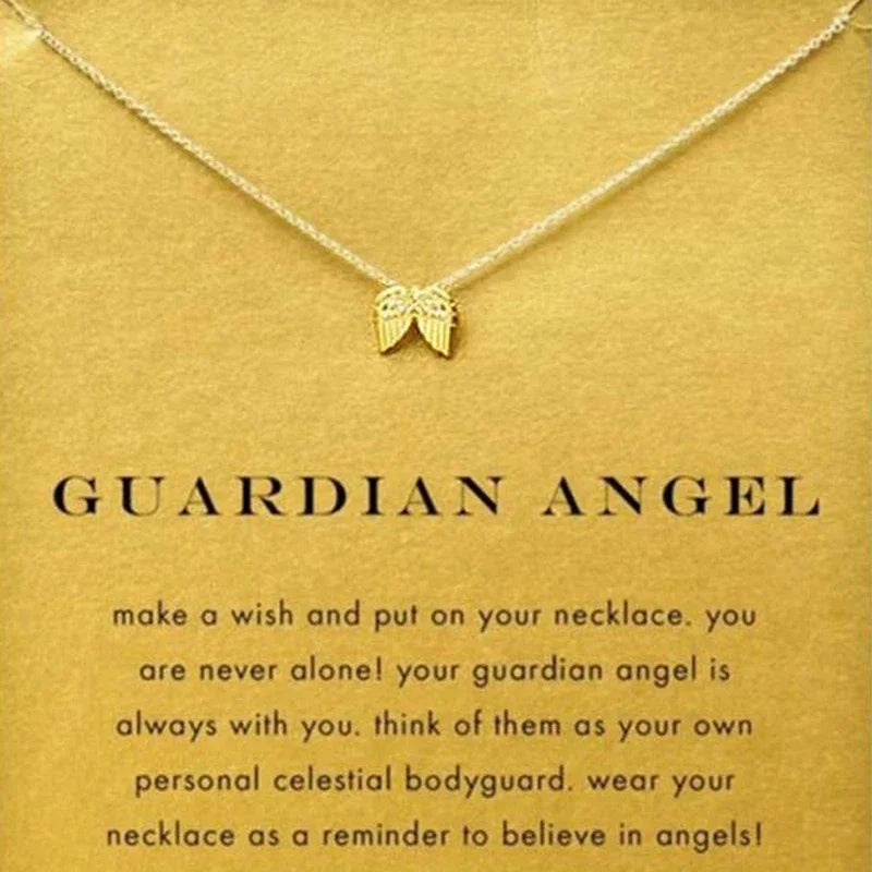 Gold 'Guardian Angel' necklace on a yellow card with text
