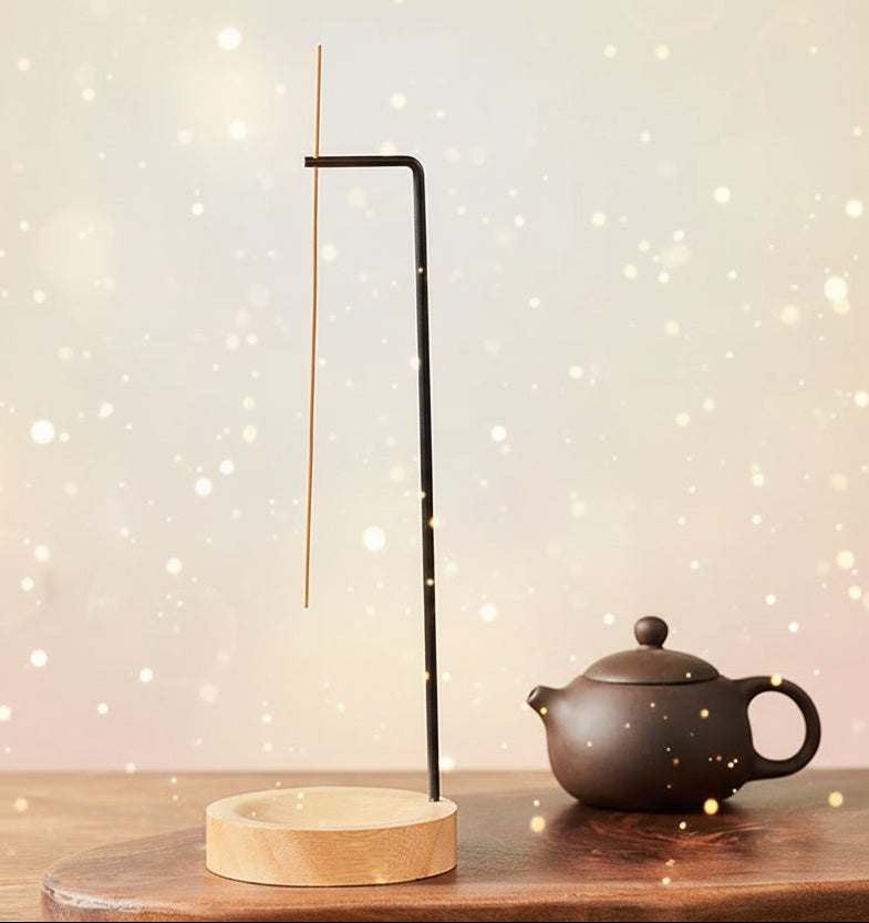 Incense stick holder on a wooden surface with a teapot in the background