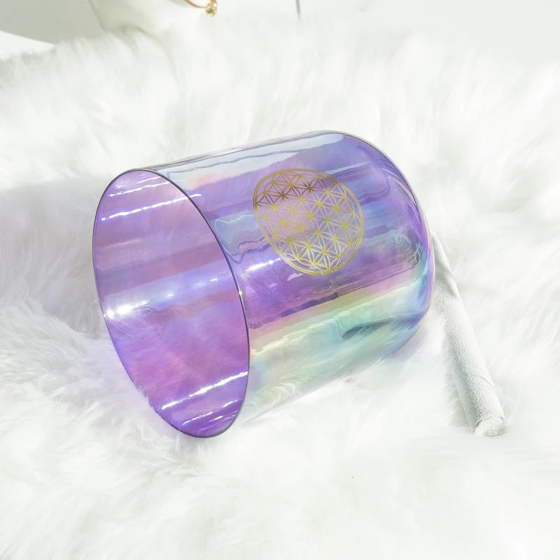 Purple Flower of Life 1pc 6-8 Inch Clear Crystal Singing Bowl + Suede Mallet