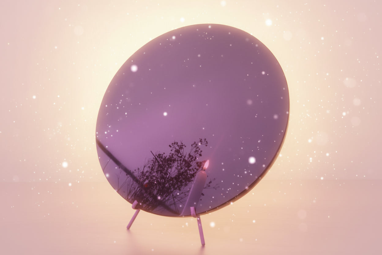 Round dark blue mirror on a stand with a candle and tree reflection