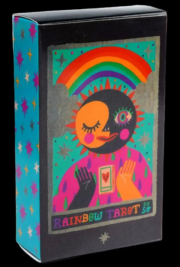 Box of Rainbow Tarot cards with colorful design and rainbow on top