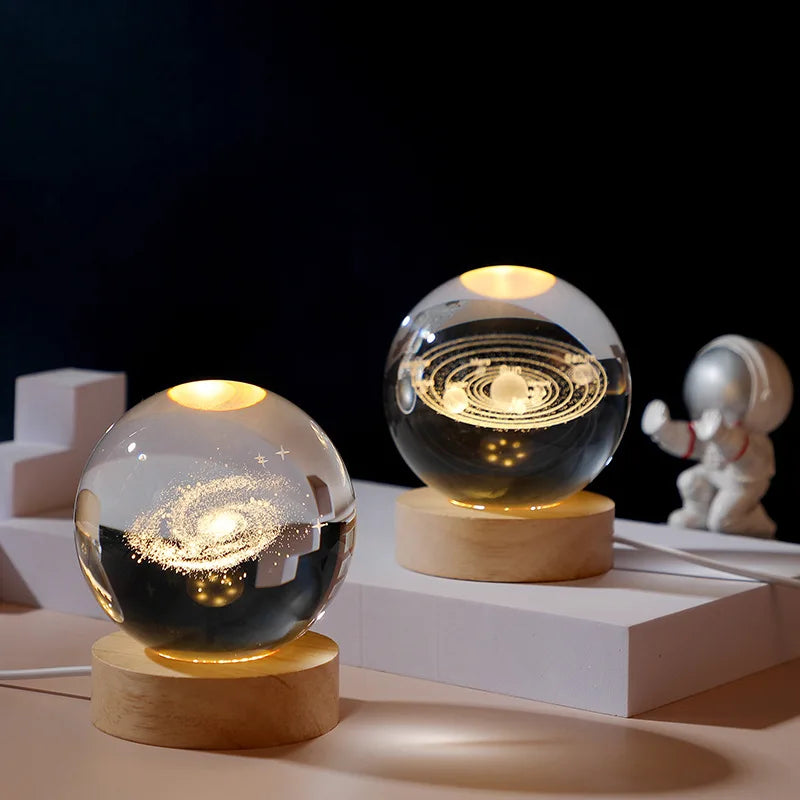 6cm 3D Crystal Ball Night Light Laser Engraved Sports or Solar System Globe Desktop Decoration