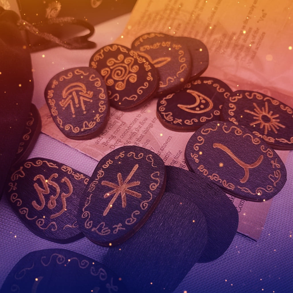 Black round stones with gold symbols on a textured surface