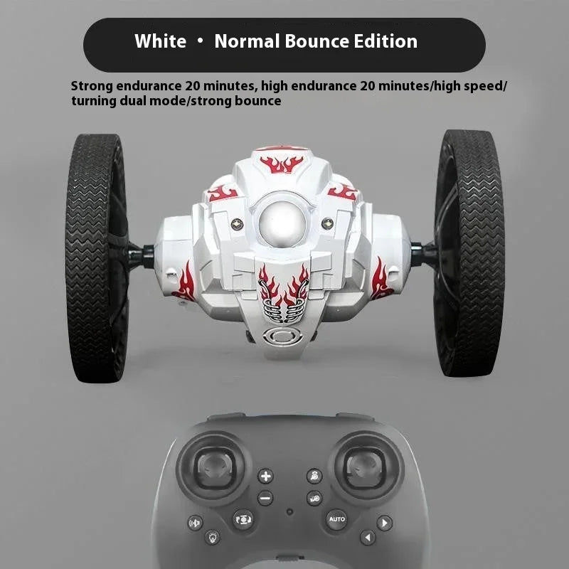 White remote control car with red flame design and gray remote control on a gray background