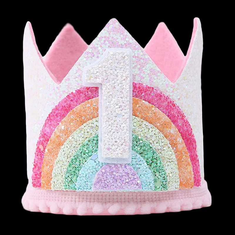 Colorful rainbow-themed birthday crown with a number '1' on a white background