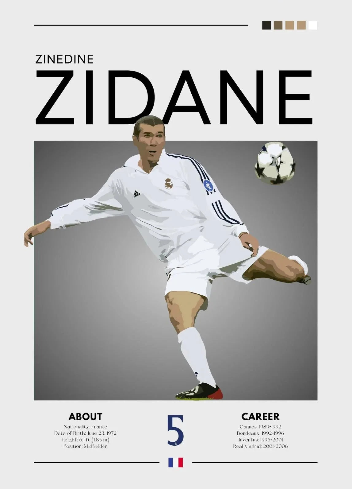 Soccer player in action with 'Zinedine Zidane' text and Adidas logo.