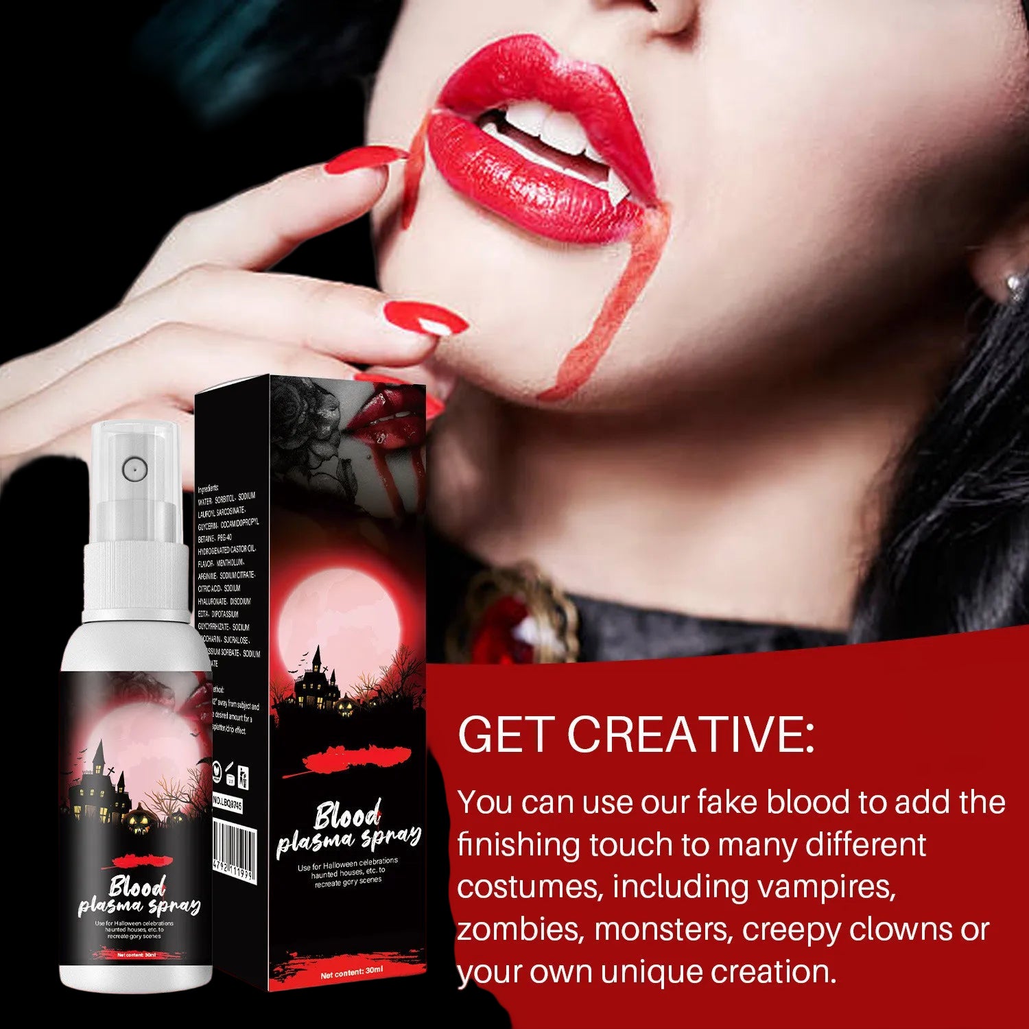 Blood plasma spray with packaging and a woman with red lipstick on a dark background