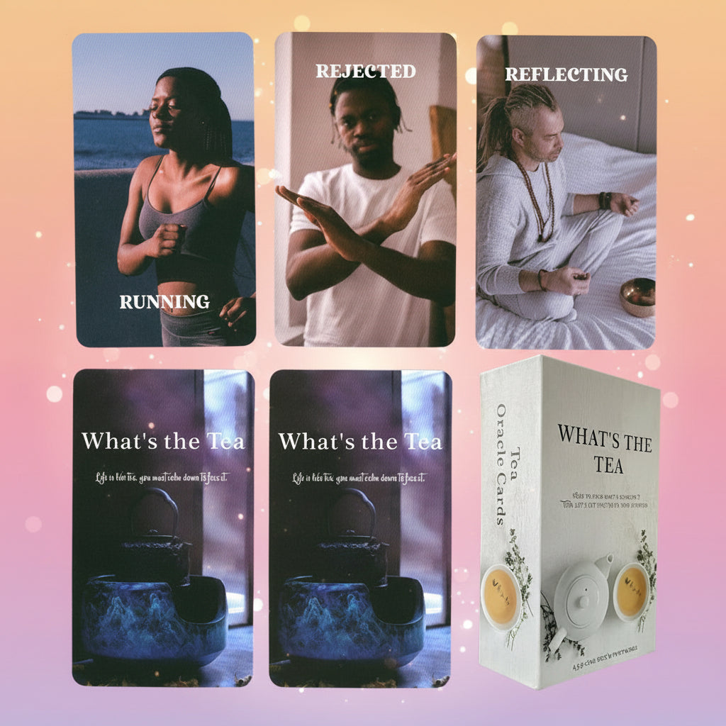 Set of 'What's the Tea' oracle cards with images and text on a white background