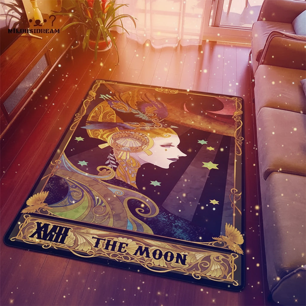 Decorative rug with 'The Moon' tarot card design in a living room setting.