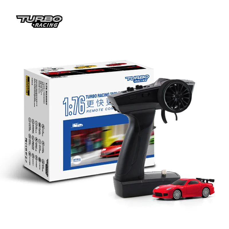 Turbo Racing remote control car set with transmitter, receiver, and car on a white background