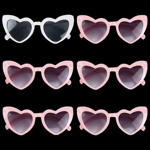 Heart-shaped sunglasses in various colors on a white background