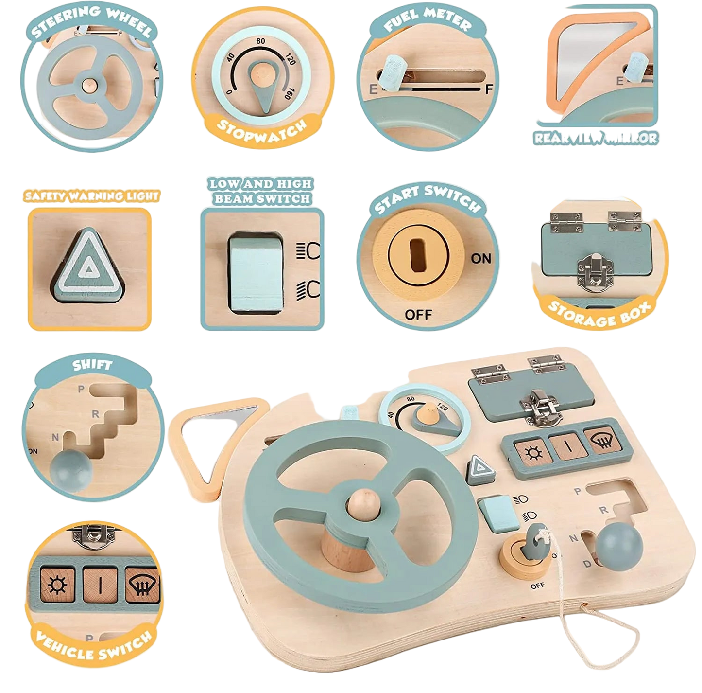 Wooden toy car dashboard with various labeled components on a white background