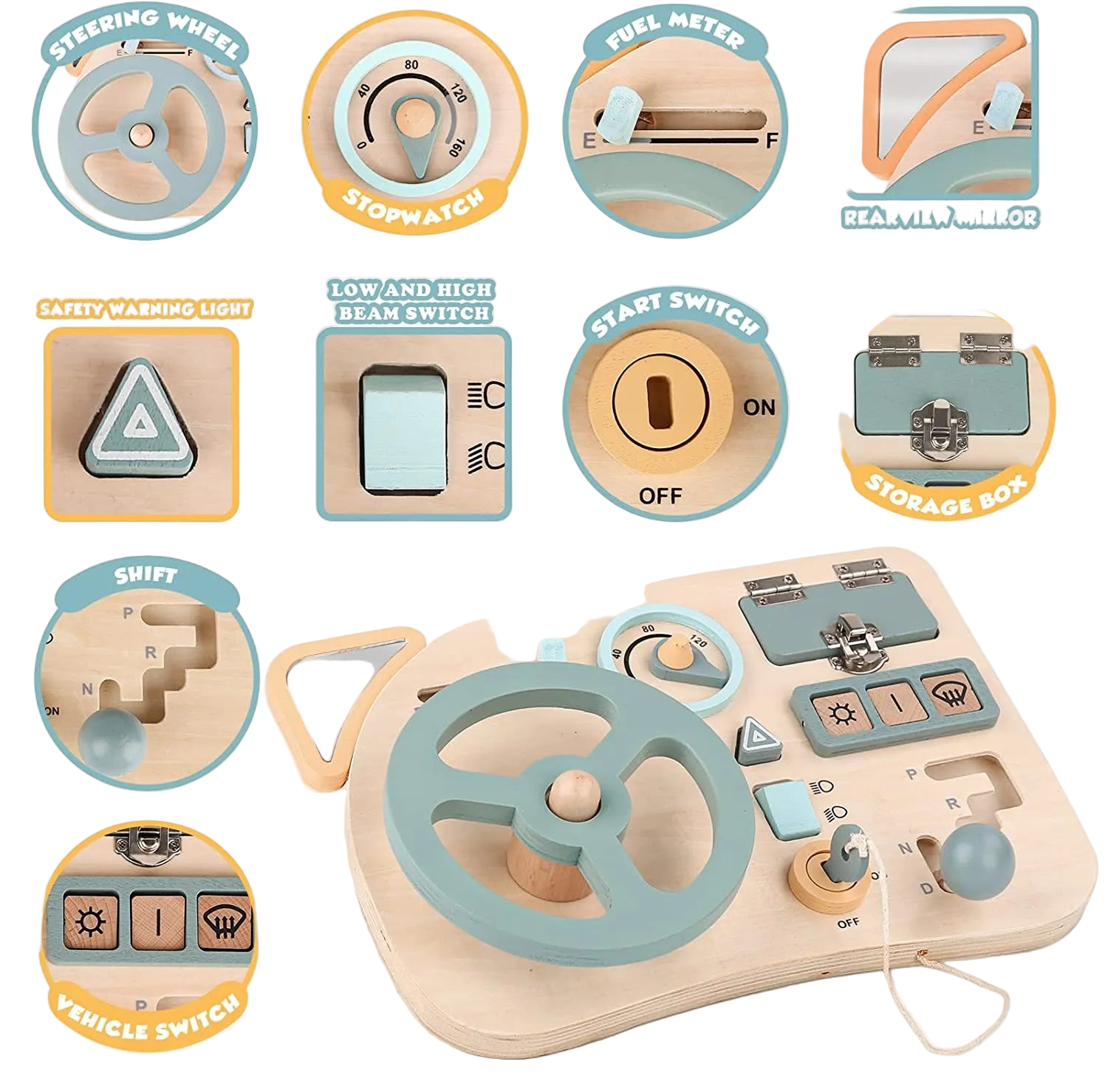 Wooden toy car dashboard with various labeled components on a white background