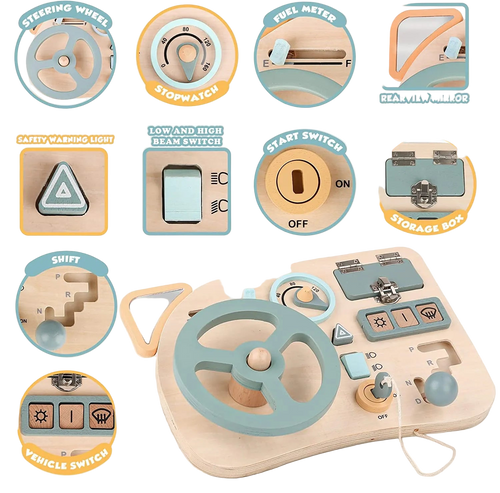 Wooden toy car dashboard with various labeled components on a white background