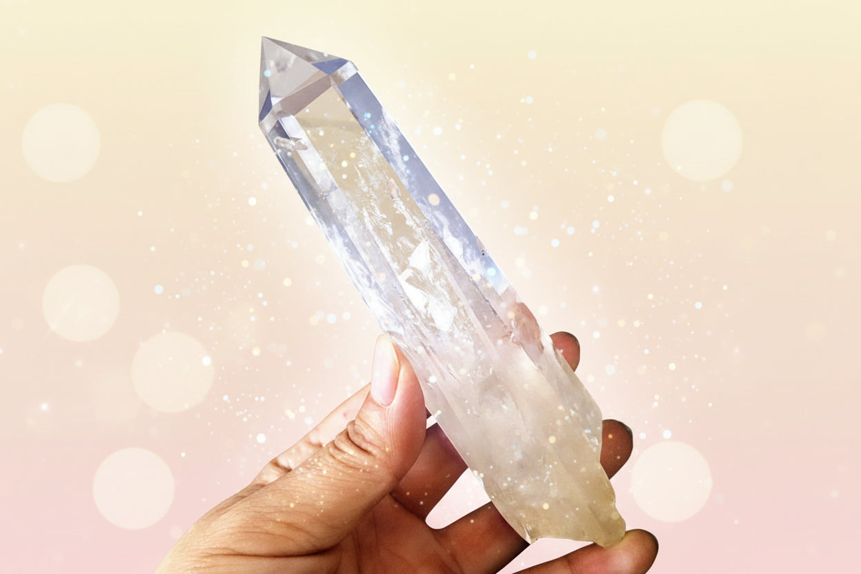 Clear crystal prism held in a hand with a dark background