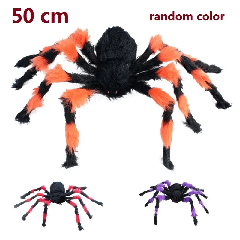 Halloween spider decorations with size indication and color randomness on a white background.