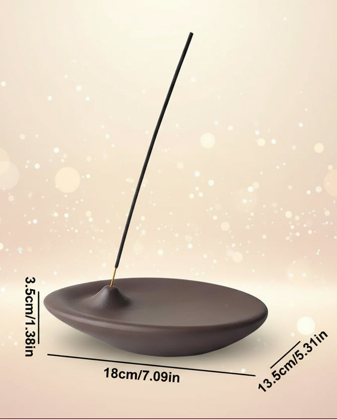 Incense burner with a single incense stick on a white background, showing dimensions.