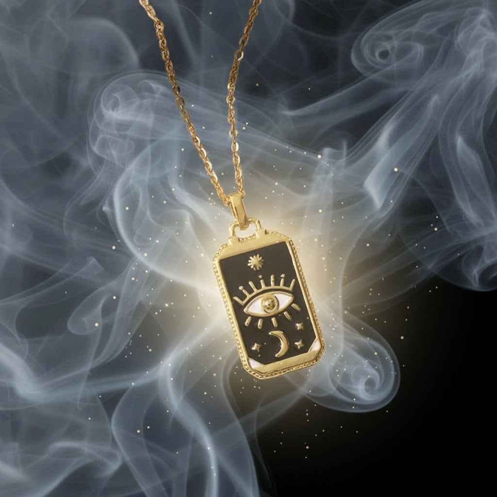 Gold necklace with a black pendant featuring an eye design on a beige surface