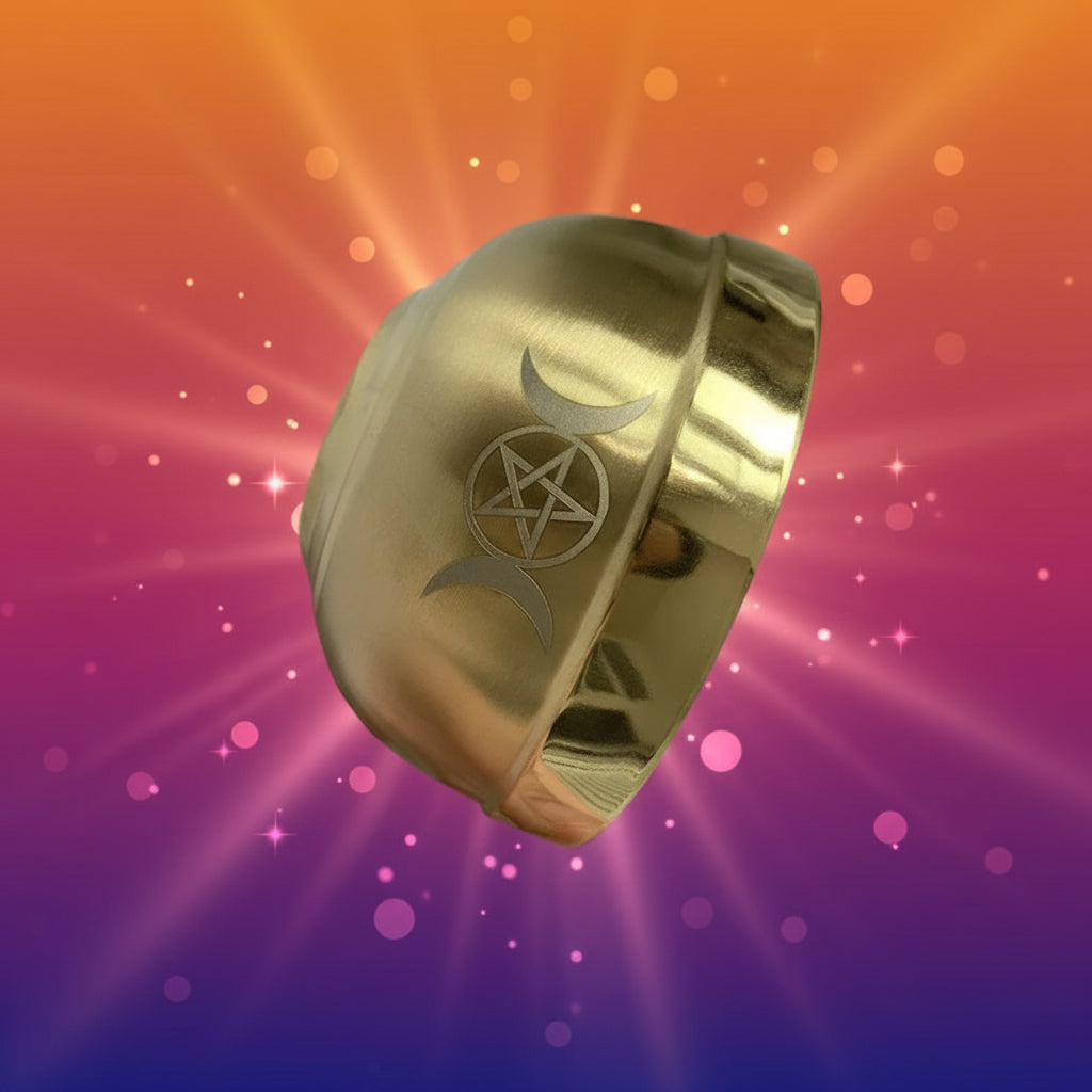 Gold container with a pentagram and moon symbol on a white background