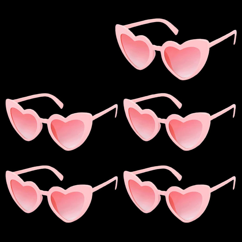 Set of five pink heart-shaped sunglasses on a white background with dimensions displayed.
