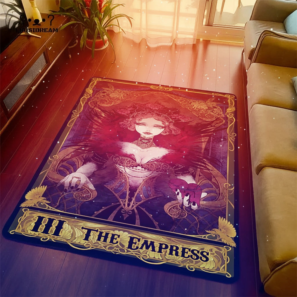 Decorative rug with 'The Empress' tarot card design in a living room setting.