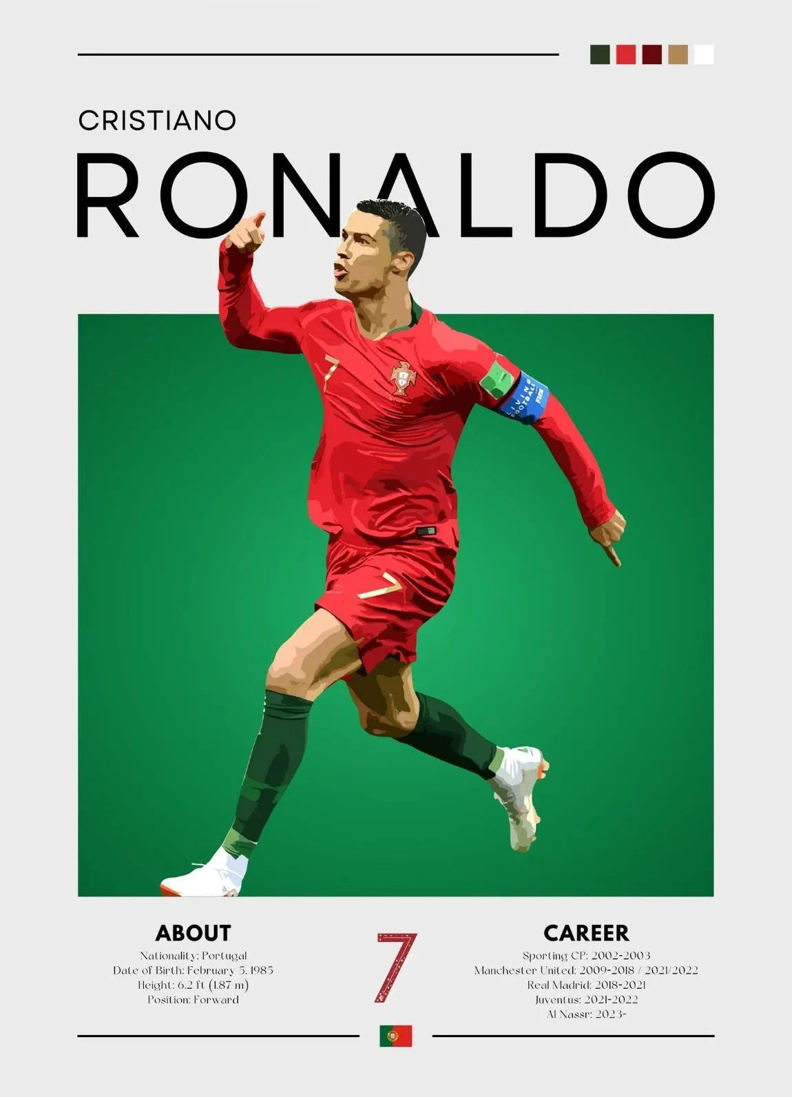 Soccer player in red uniform with 'Cristiano Ronaldo' text on a green background