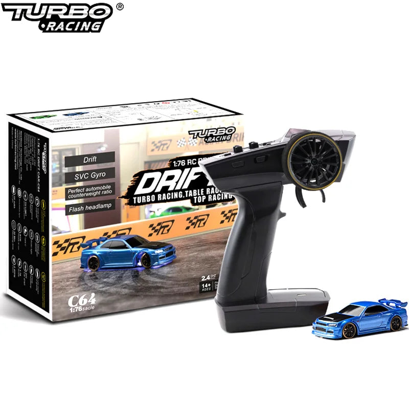 Turbo Racing remote control car transmitter with packaging and a small model car on a white background