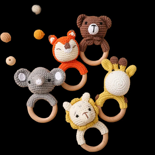 1 pc Baby Teether Rattles Animal Crochet Ring Wooden Montessori Baby Toys