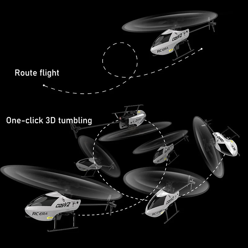 Diagram of a drone performing route flight and one-click 3D tumbling on a black background.