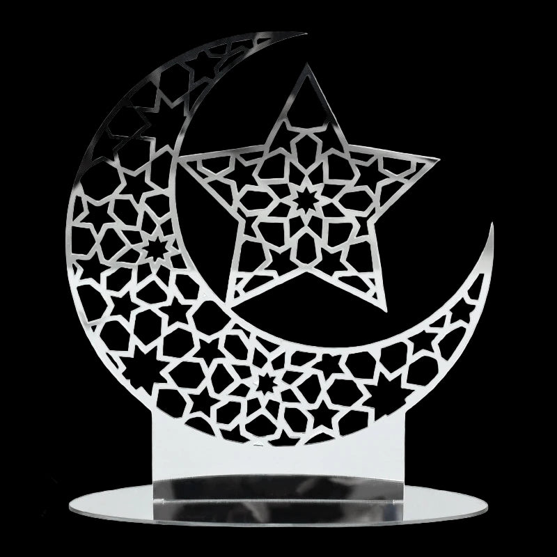 Decorative metal piece with star and crescent design, shown with dimensions on a white background.