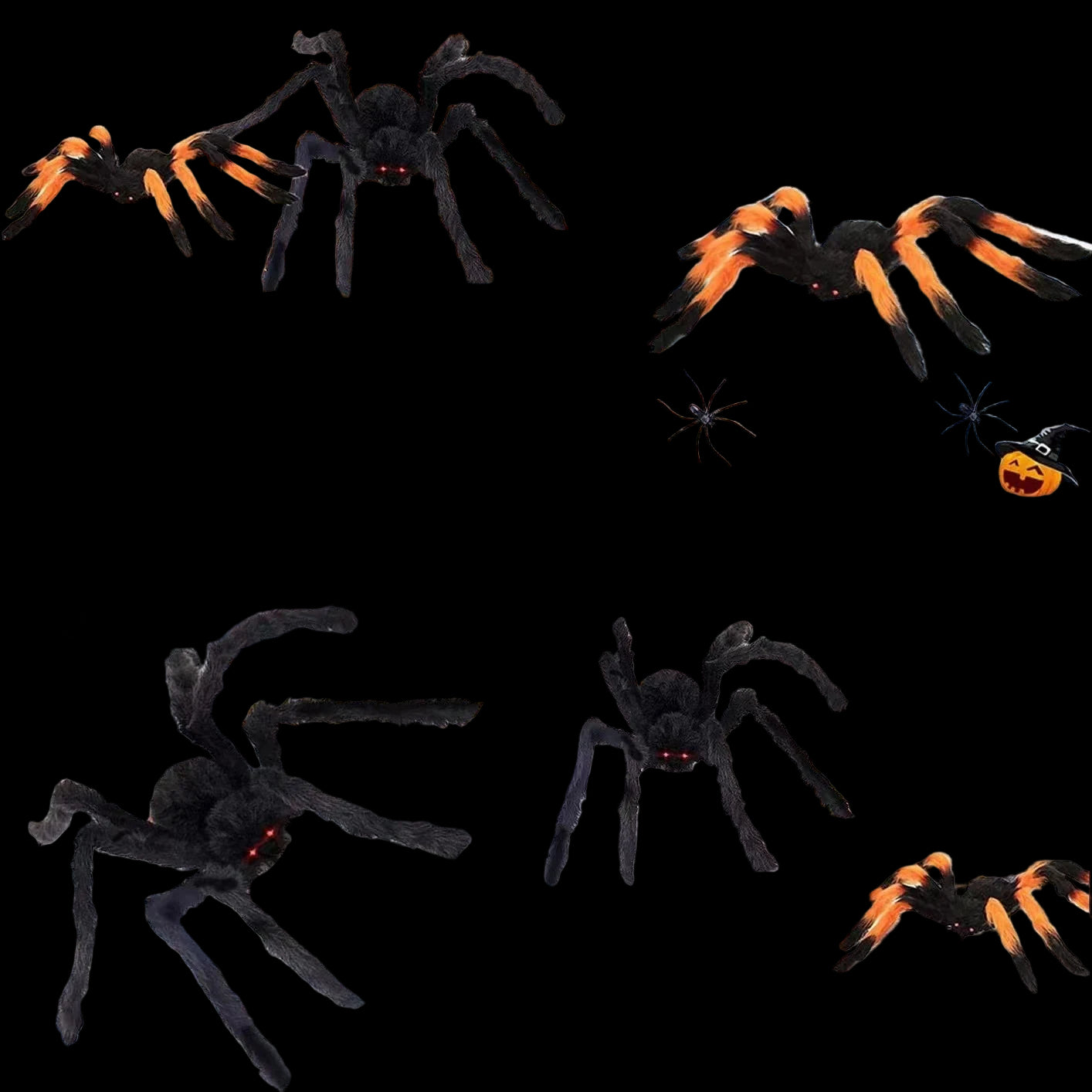 Collage of Halloween decorations with large spiders and cobwebs.