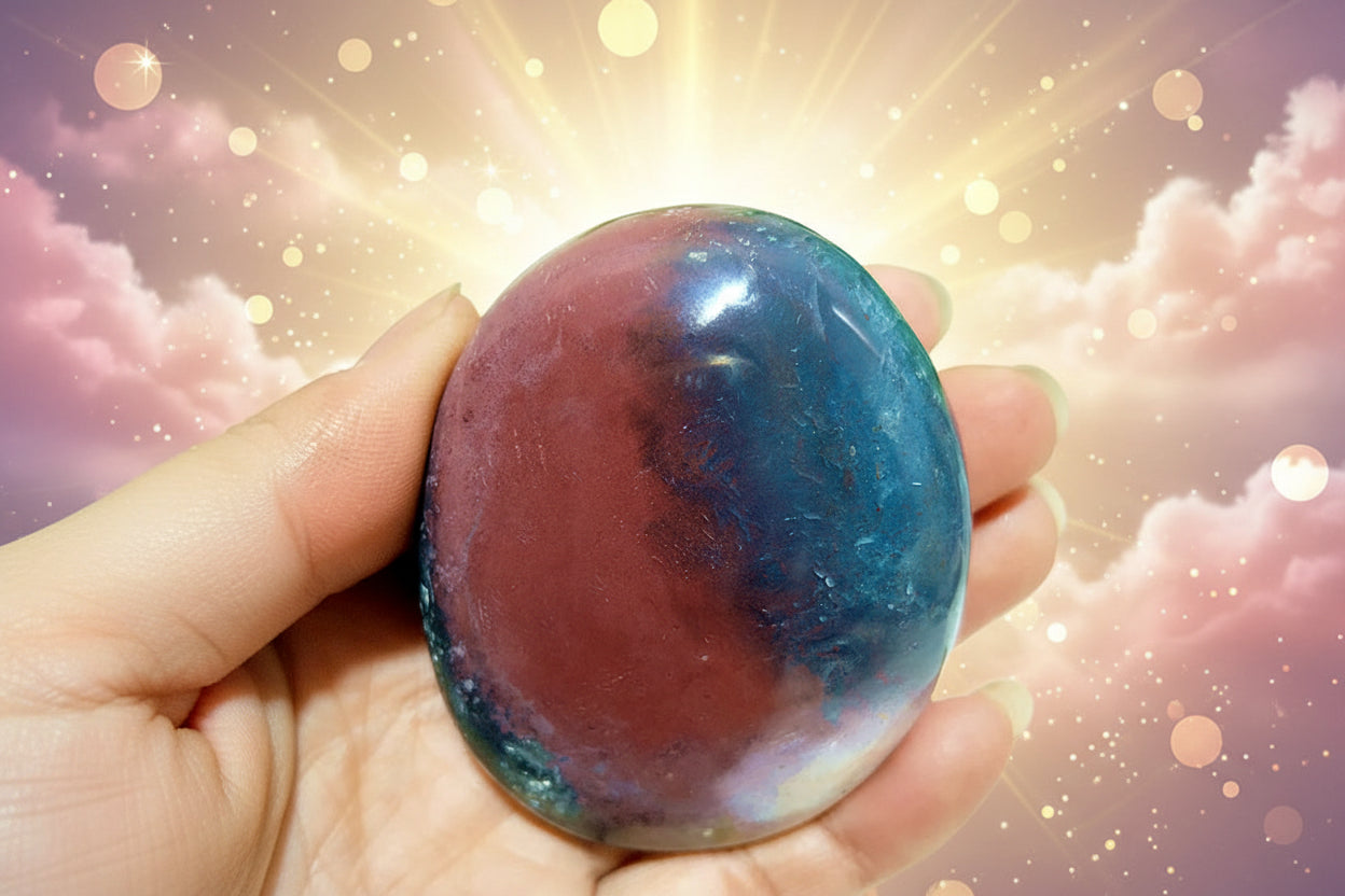 Multicolored stone held in a hand with a blurred green background